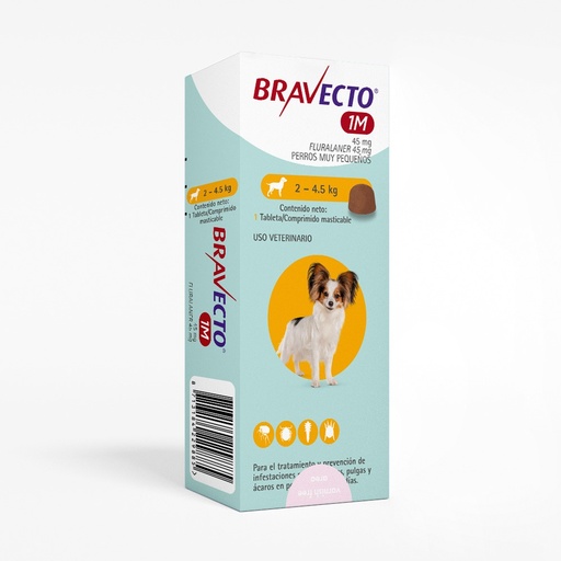 [4088] BRAVECTO 45 MG TAB 2 A 4.5 KG AMARILLO PERRO MUY PEQ ( 37 DIAS) 